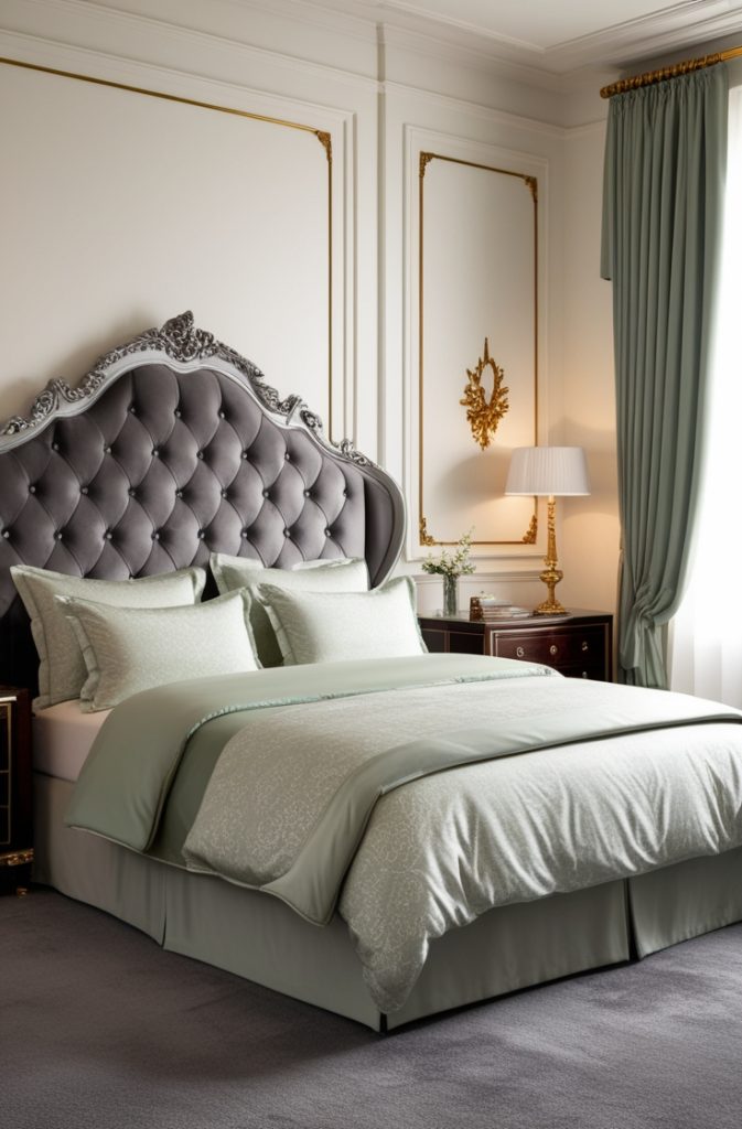 Grey Velvet Headboard with Sage Green Bedding