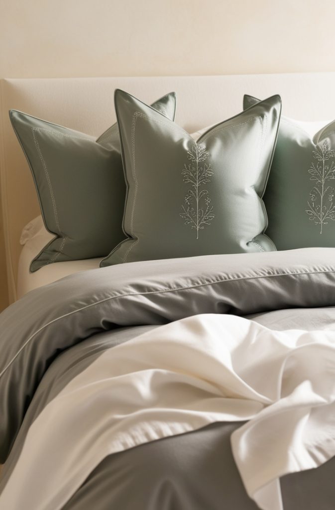 Sage Green Throw Pillows with Grey Bedding