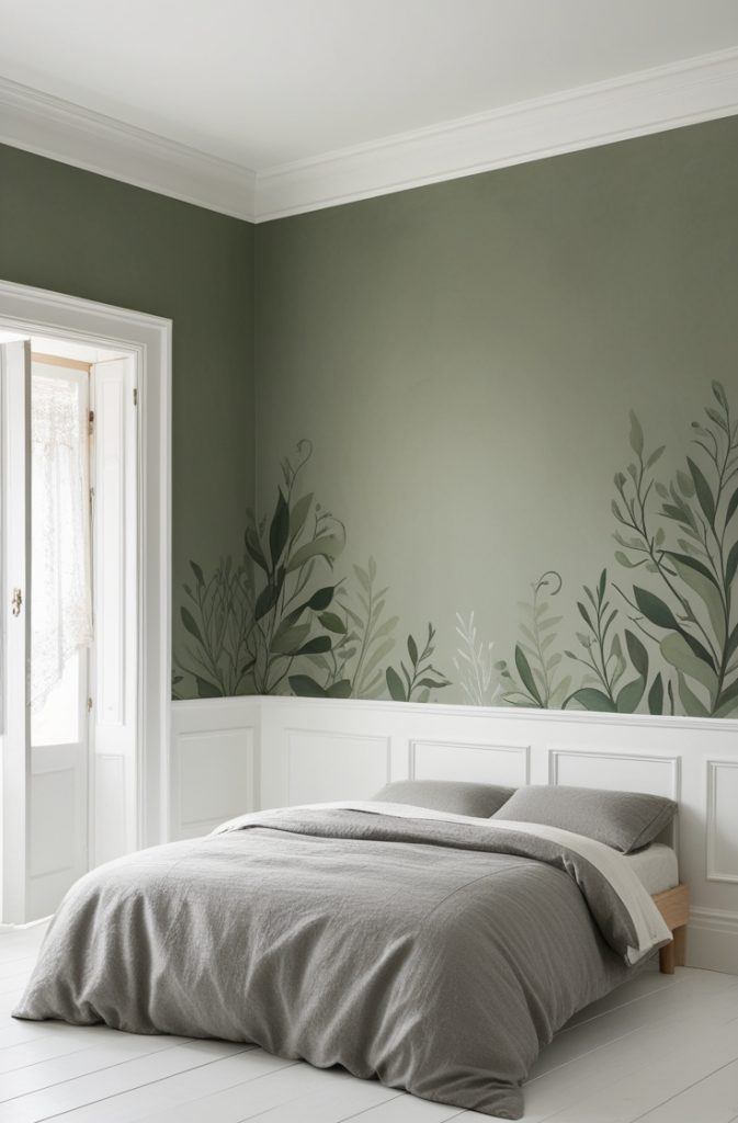 Sage Green Wall Mural with Grey Bedding
