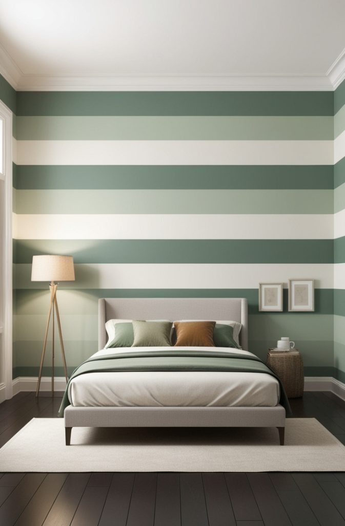 Sage Green and Grey Striped Accent Wall