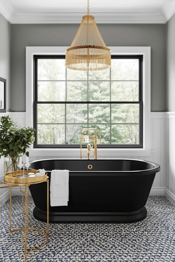 Black Freestanding Tub with Gold Fixtures